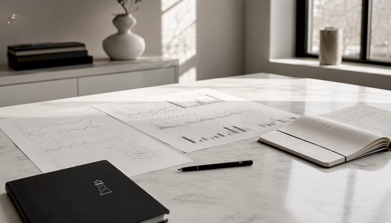 Overhead view of black-and-white SEO dashboard printouts