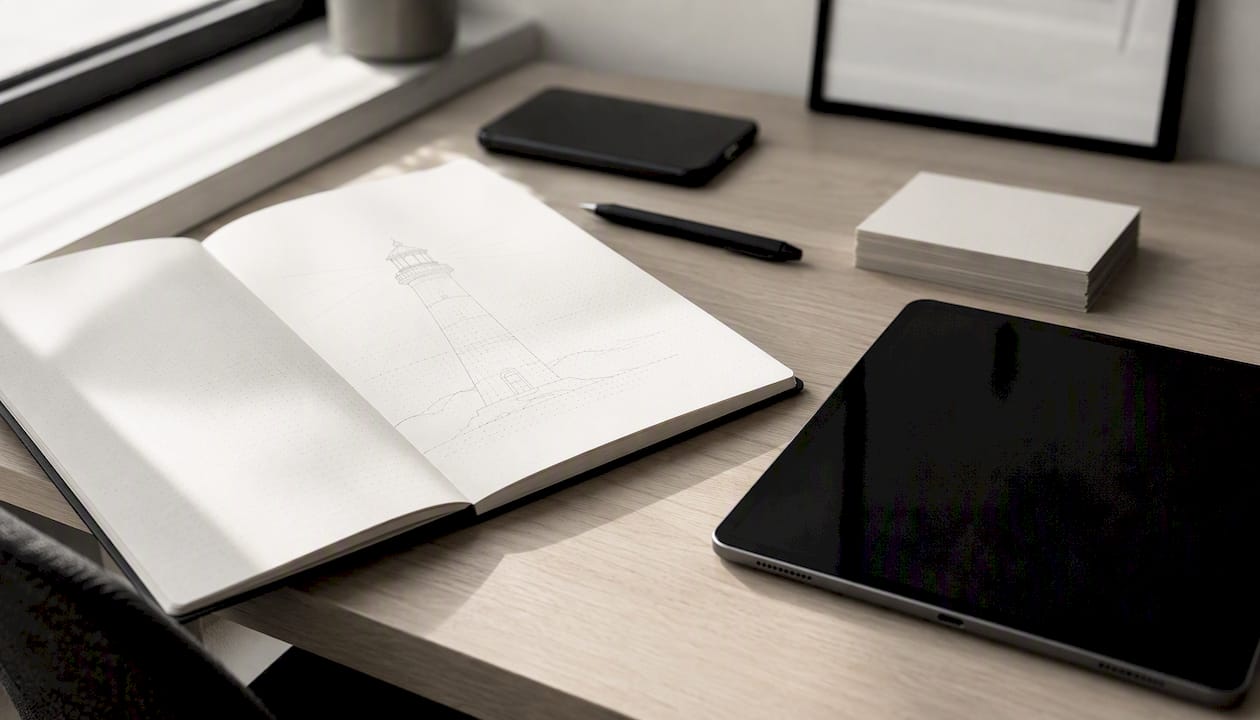 Espace de travail équipé d'outils SEO et d'un carnet pour prendre des notes