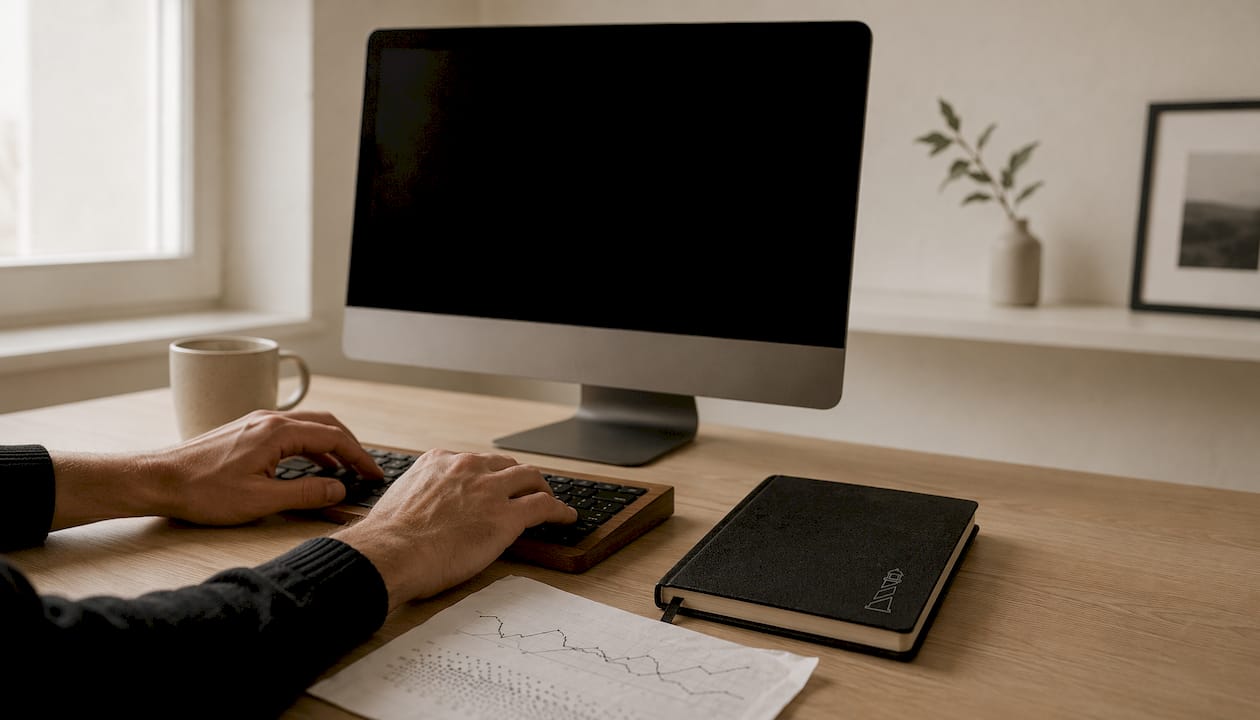 Hands typing on a keyboard in an uncluttered workspace dedicated to SEO.