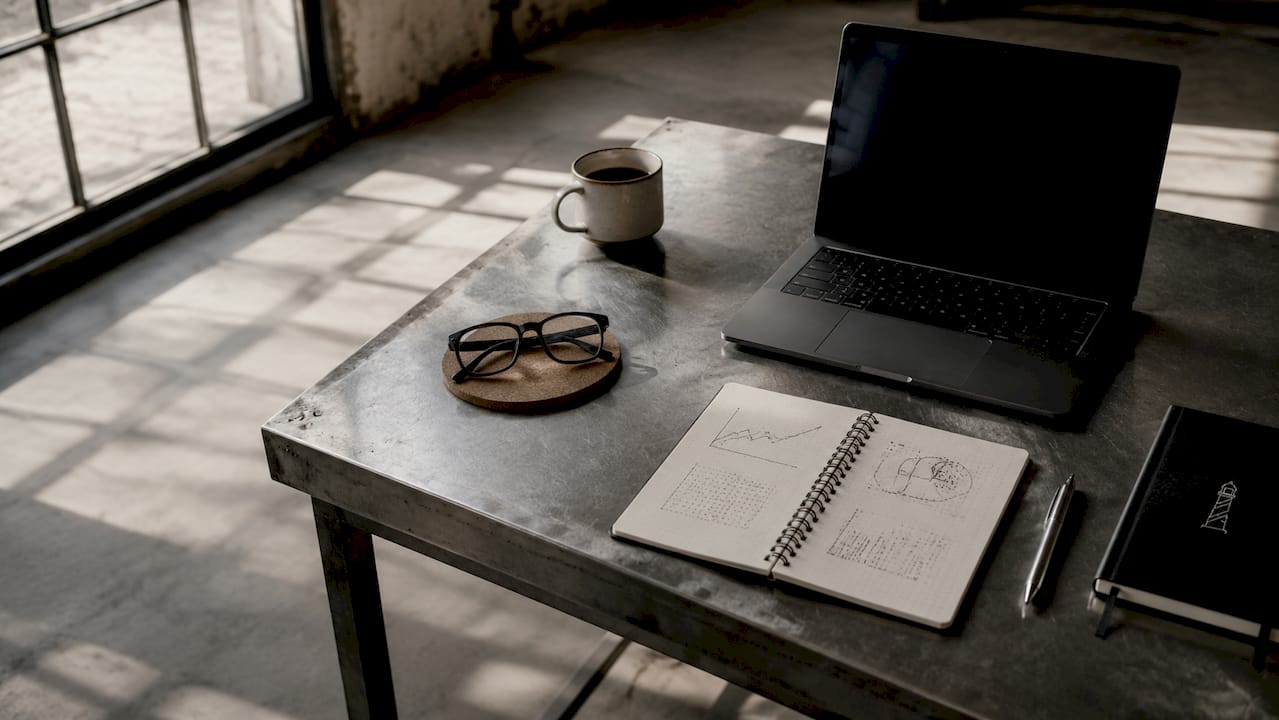Minimalist desk with a notebook and elegant accessories