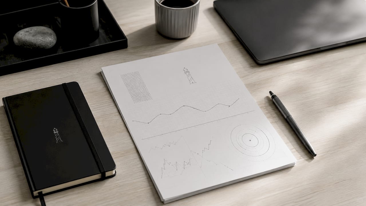An overhead view of a printed SEO dashboard, with a pen and cards placed beside it.