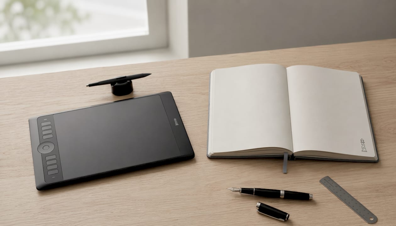 An uncluttered workspace equipped with digital marketing essentials