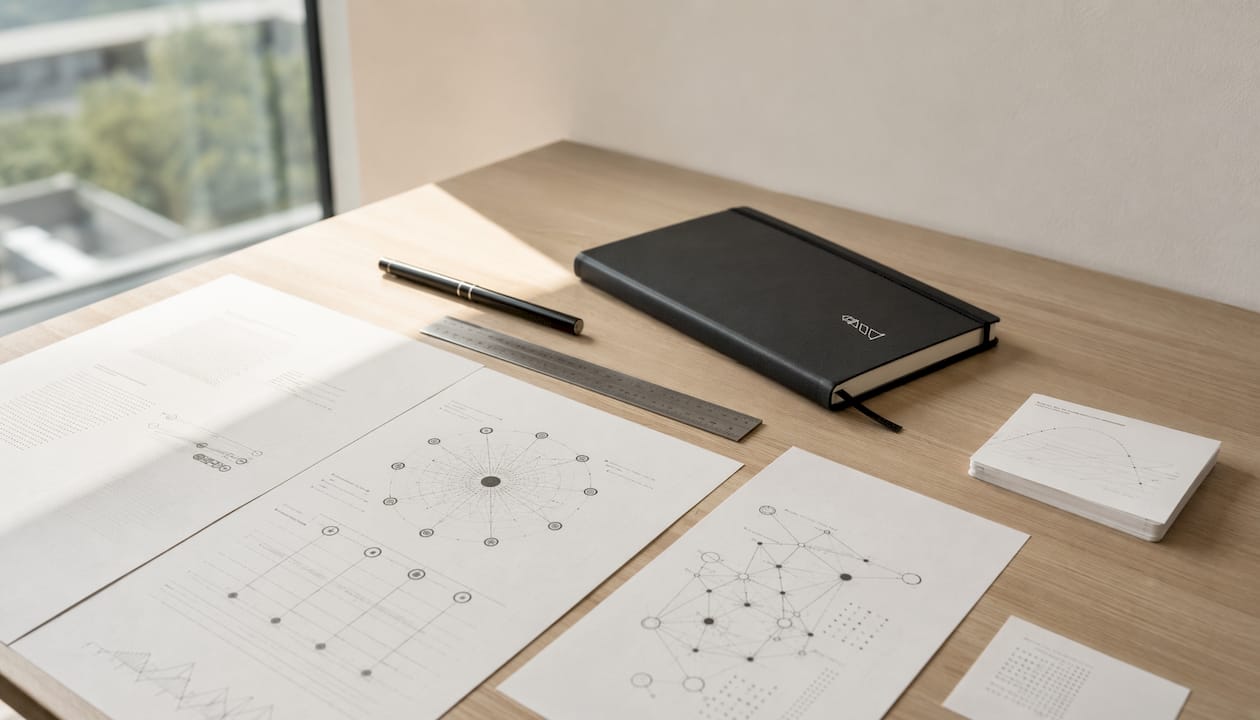 An overhead view of strategic SEO linking documents, presented in black and white