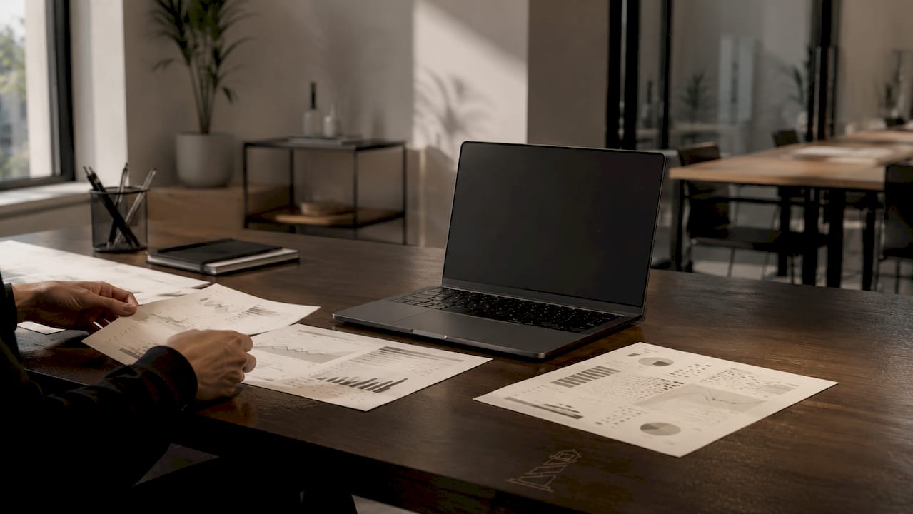 Hands analyzing printed charts on an uncluttered desk.