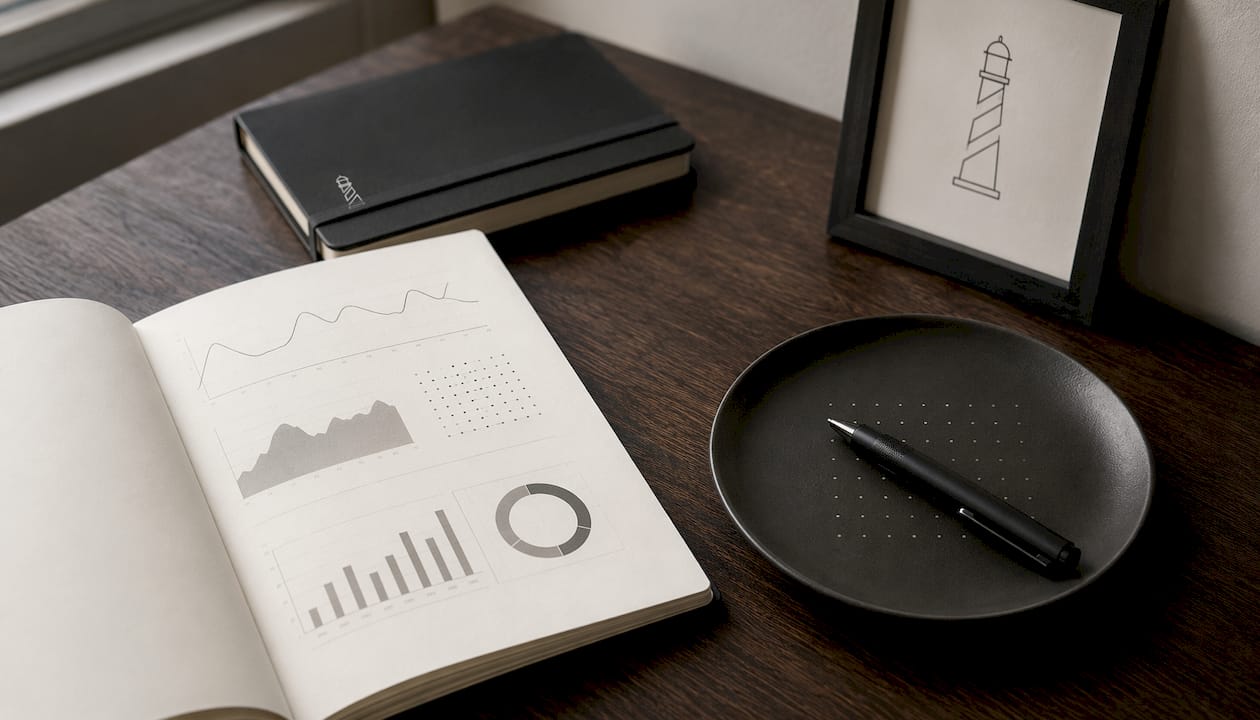 Bureau avec carnet de notes et graphiques sur les données SEO