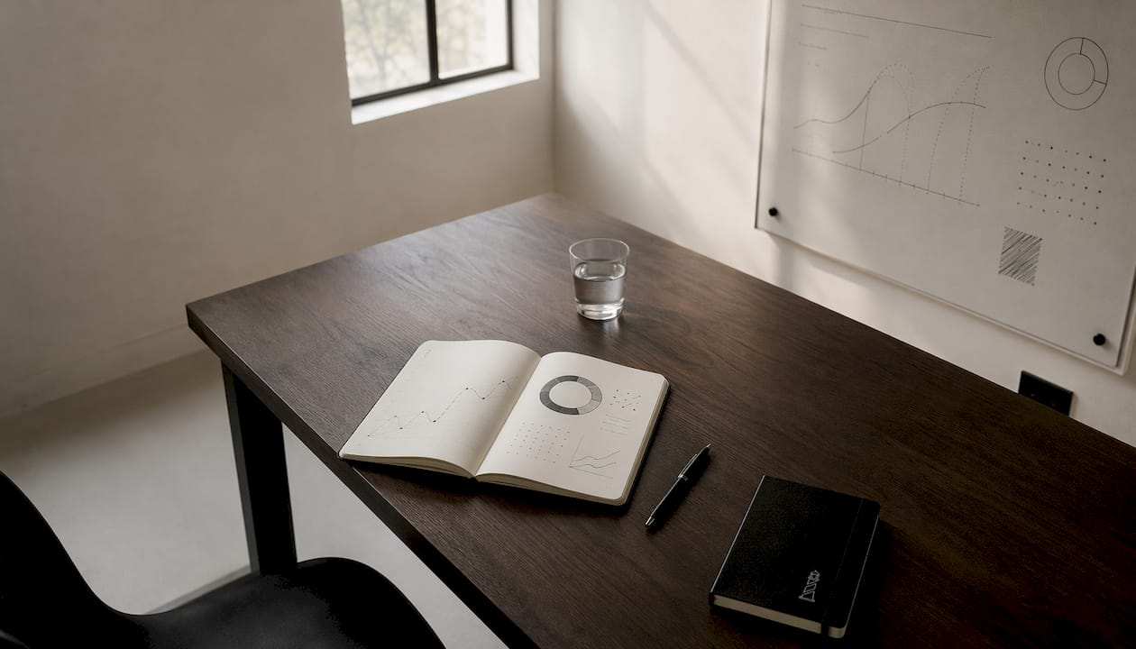 A whiteboard, a closed laptop and a notebook beside it