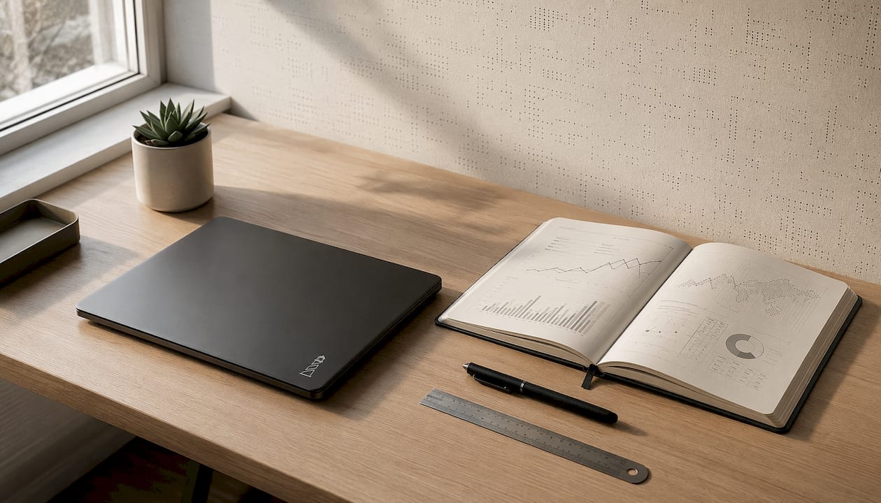 Side view of a workspace dedicated to SEO analysis, highlighted by a monochrome aesthetic.