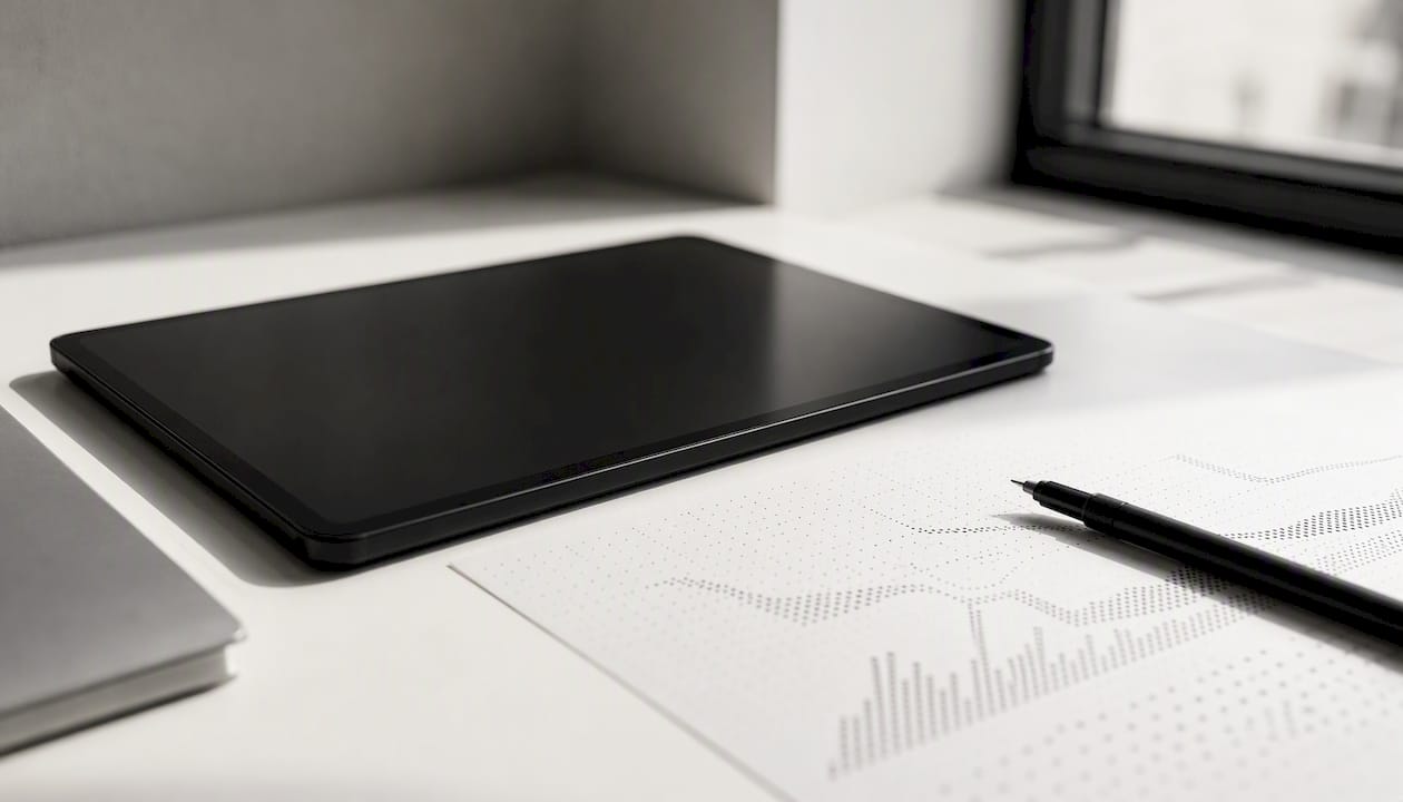 Un bureau épuré avec une tablette et quelques instruments de mesure.