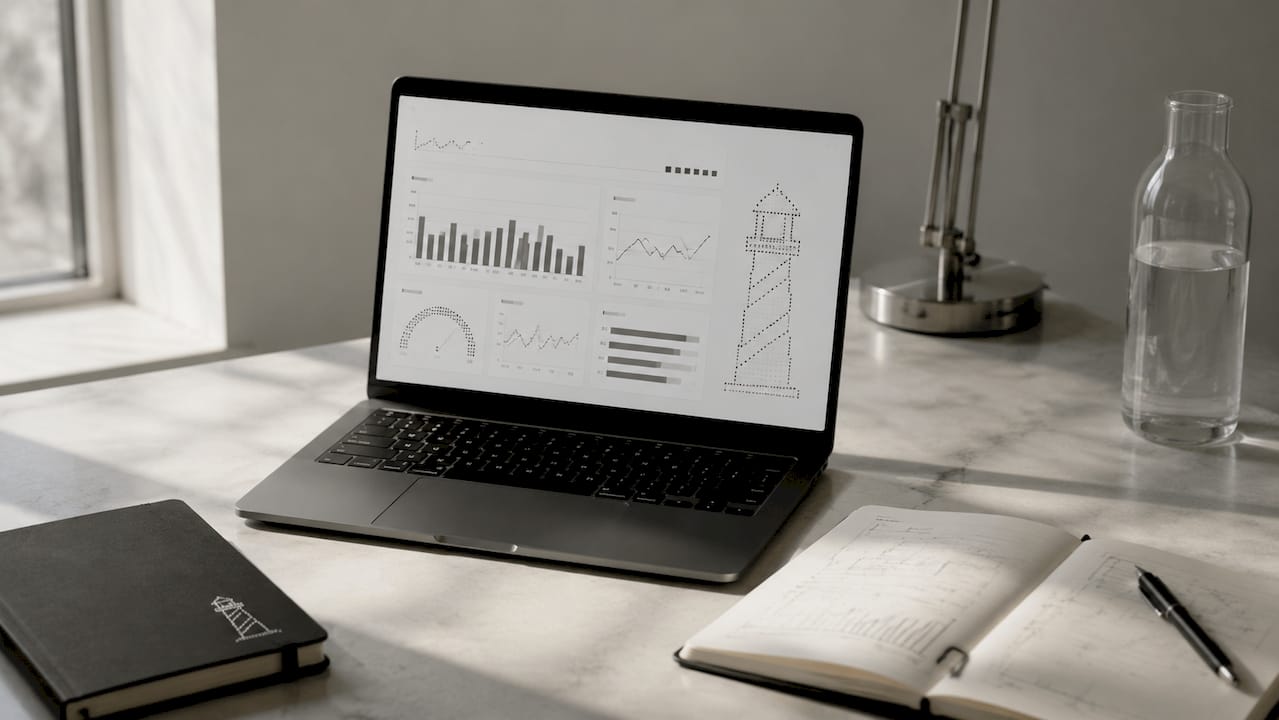 A screen displaying a clean black-and-white SEO dashboard