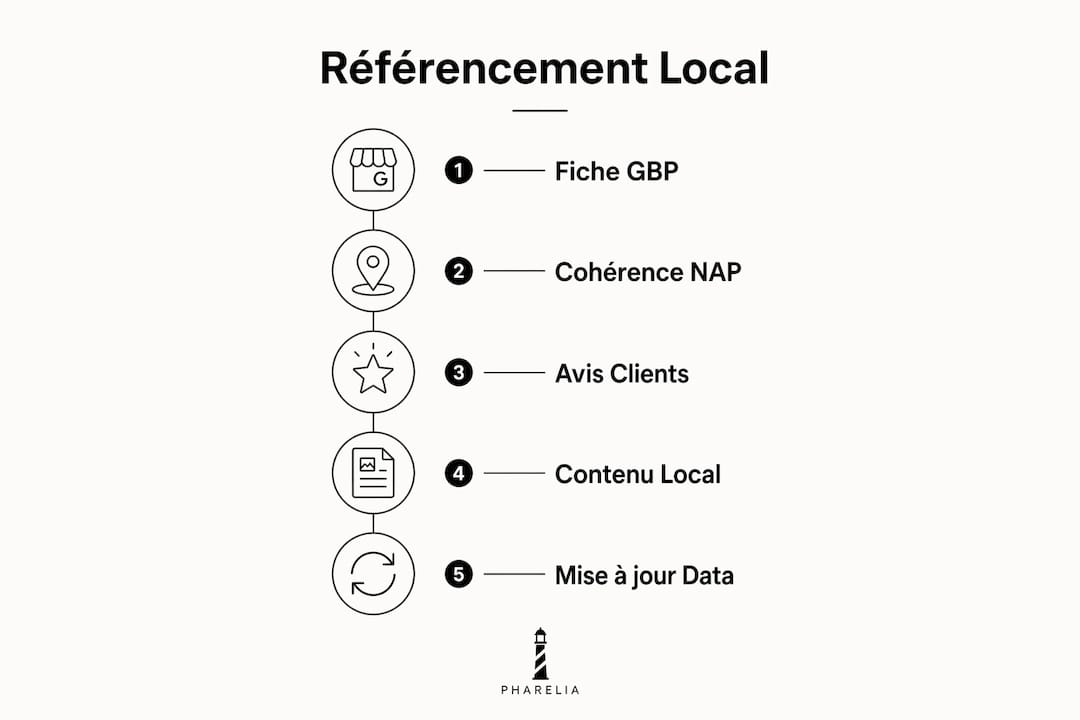 A vertical visual presenting the main steps for successful local SEO