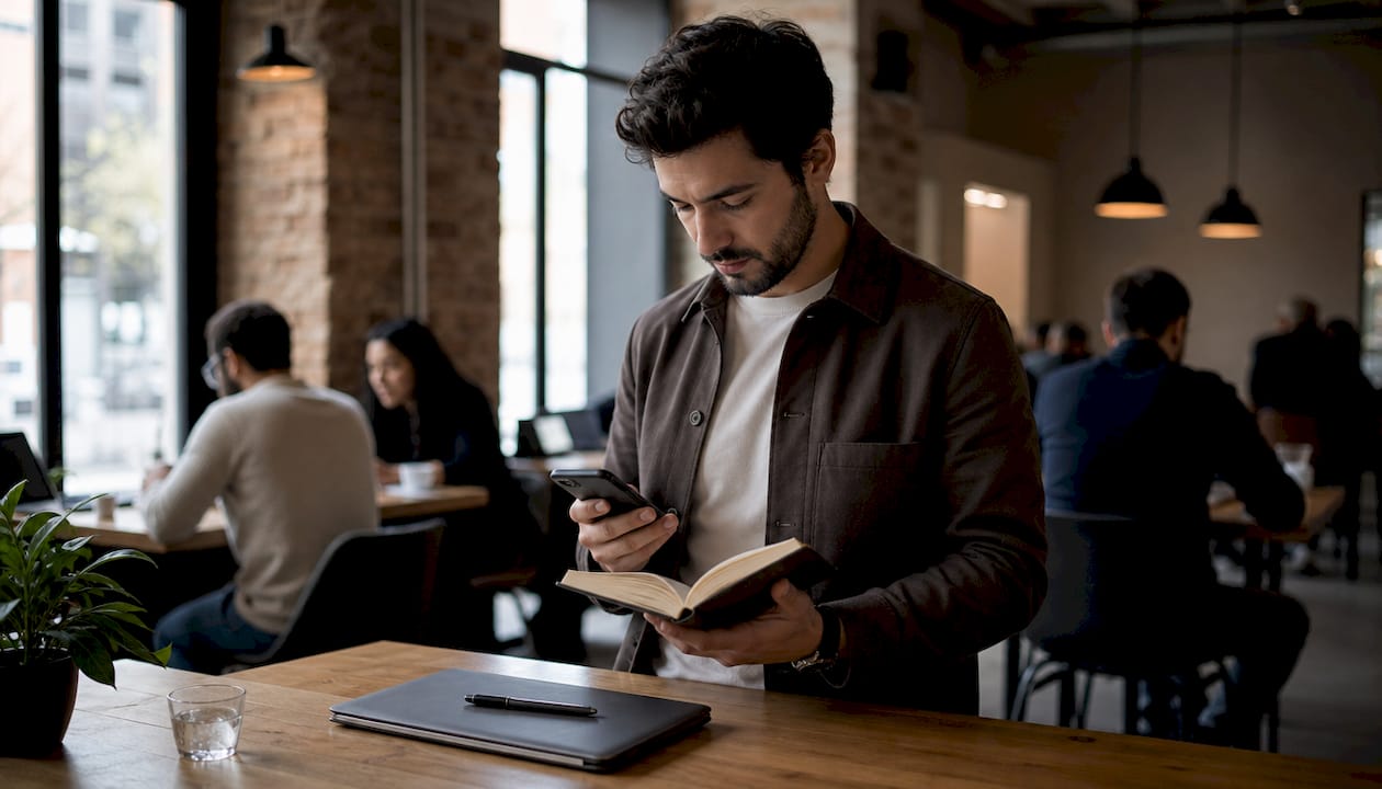 A business owner working at a desk in a small company