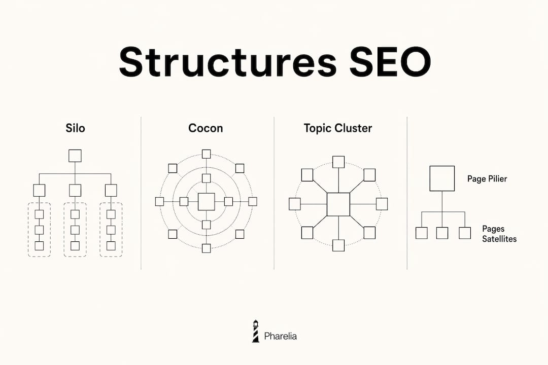 An infographic showing different internal linking structures for organic search